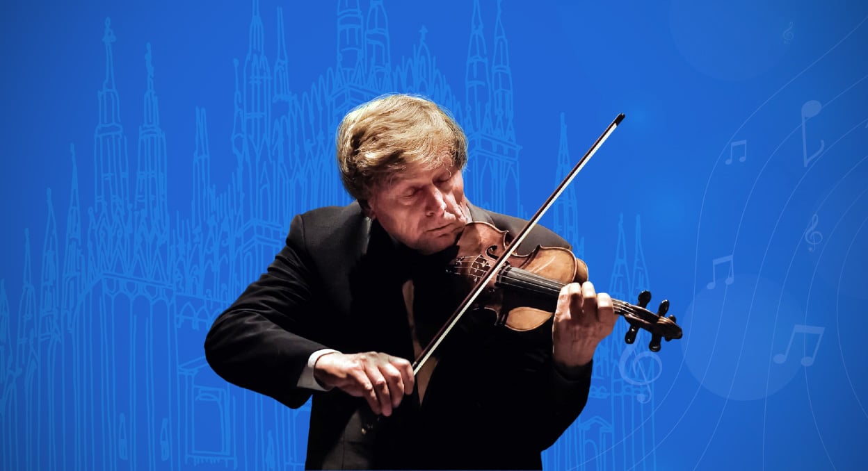 Ritratto in primo piano del Maestro Uto Ughi, n occasione dell'iniziativa “Uto Ughi per i giovani”, che si terrà 25 Settembre 2025 in Cattedrale