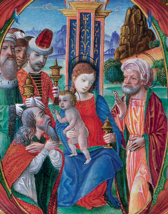 Dettaglio ravvicinato raffigurante l'Adorazione dei Magi, Miniatura