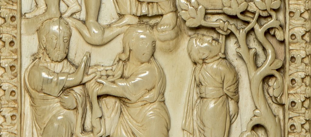 Dettaglio tratto dall'episodio di Giuda che restituisce il denaro, valva sinistra del Dittico della Passione 1400 circa, Tesoro del Duomo di Milano